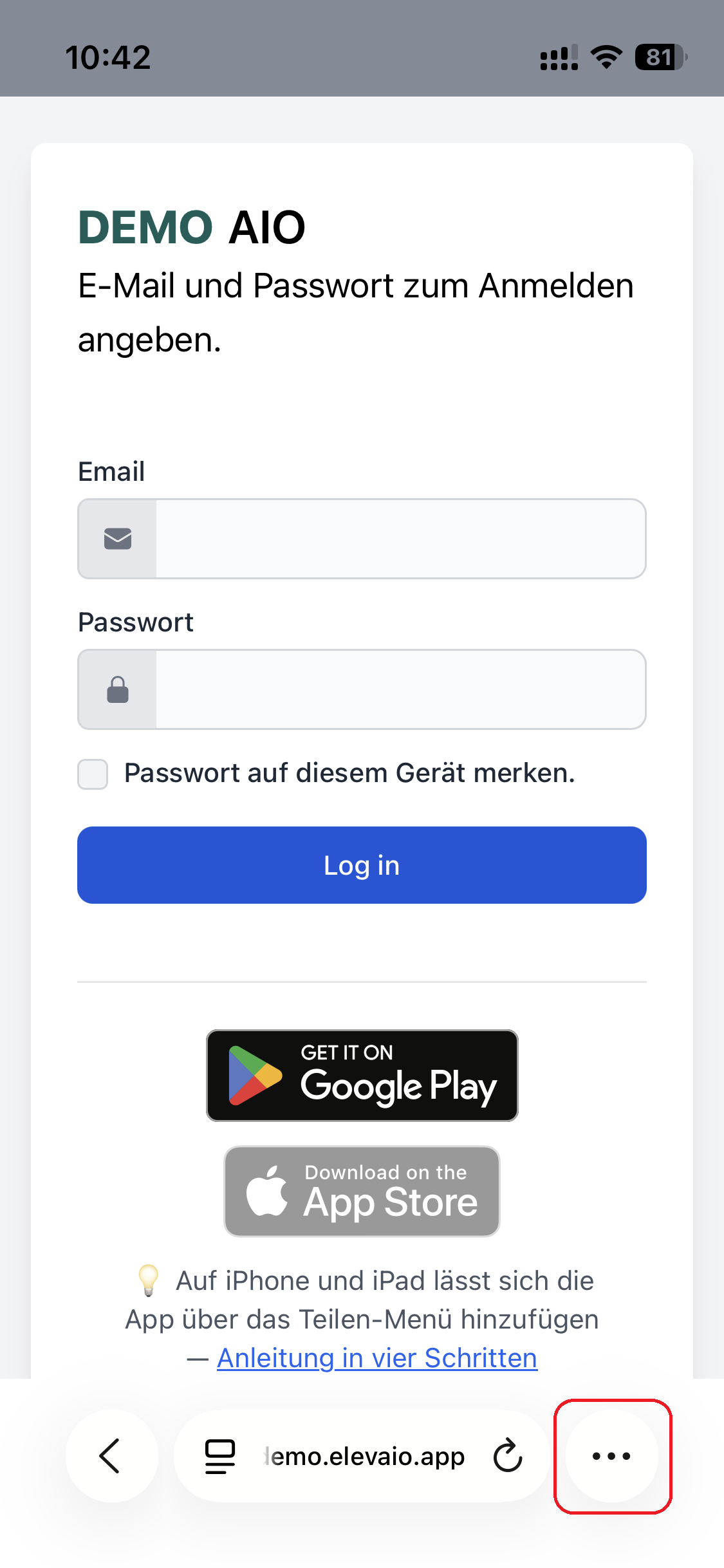 Safari mit hervorgehobenen drei Punkten in der Adressleiste