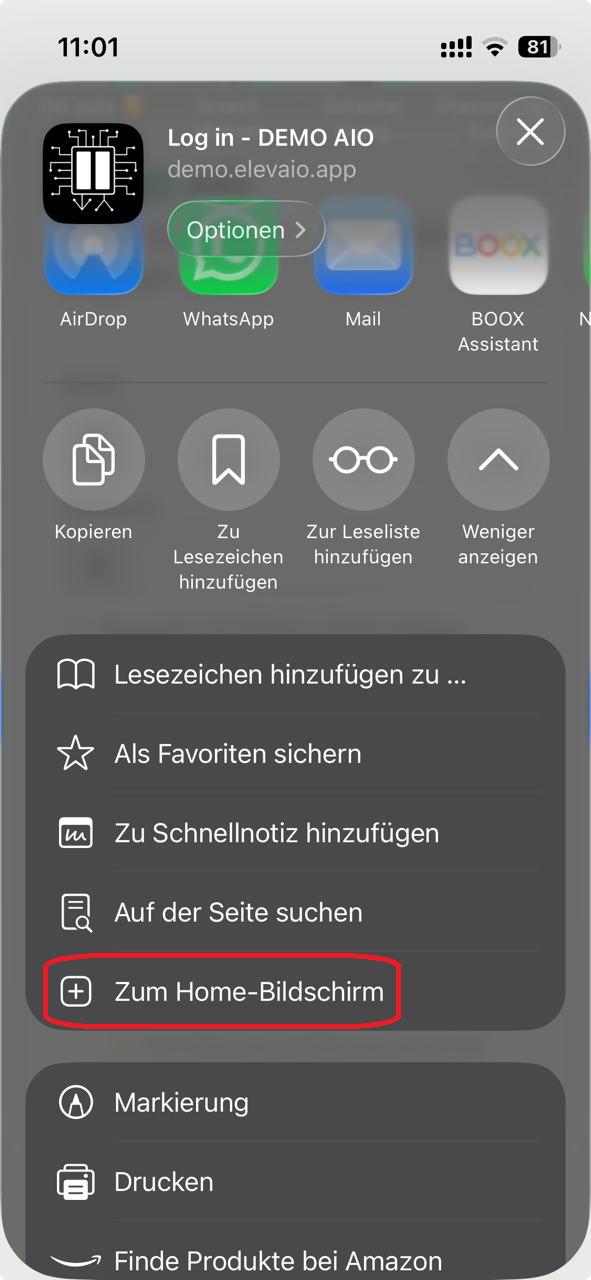 Erweiterte Liste mit dem Eintrag „Zum Home-Bildschirm“