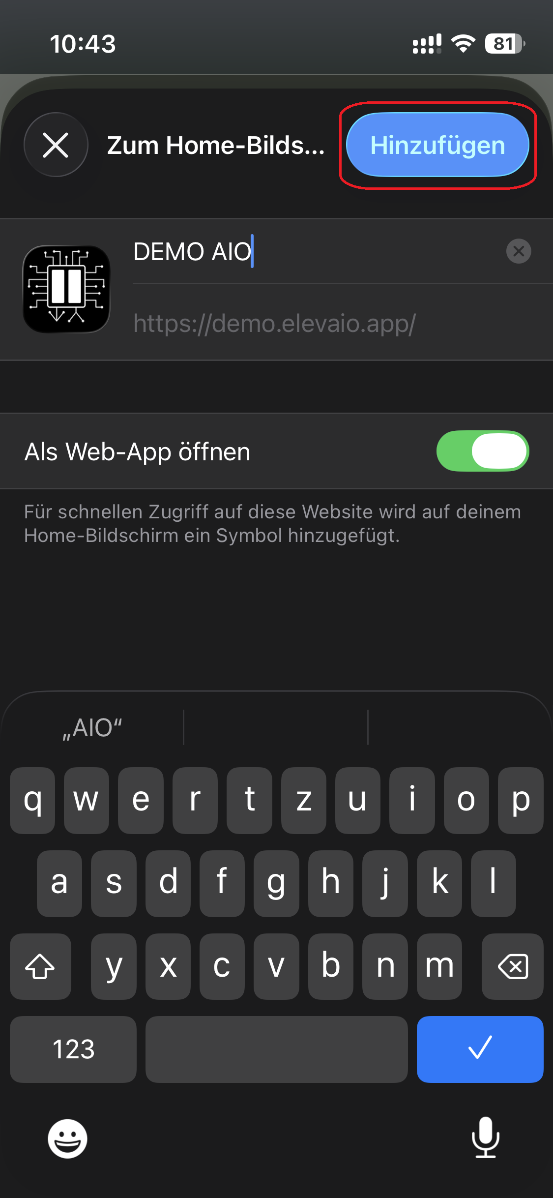 Dialog zum Anlegen der App mit Namensfeld